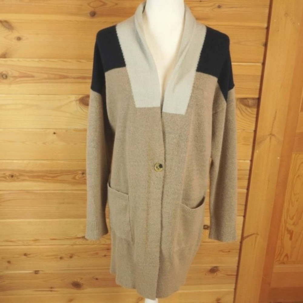 LOFT Fuzzy Tan Black Cream Long Button Up Sweater‎ Size XL